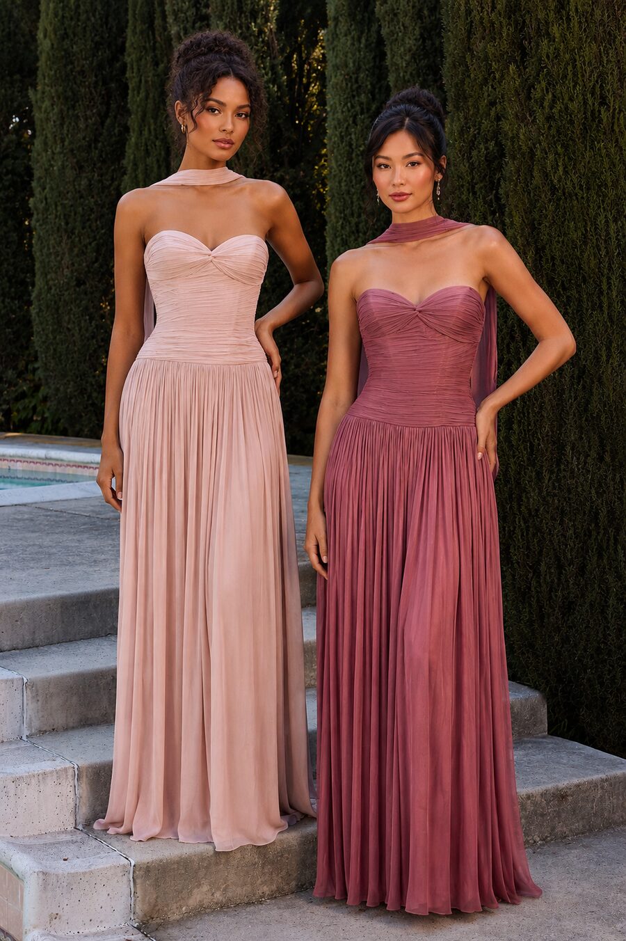 Two bridesmaids in blush pink and mauve pleated chiffon gowns