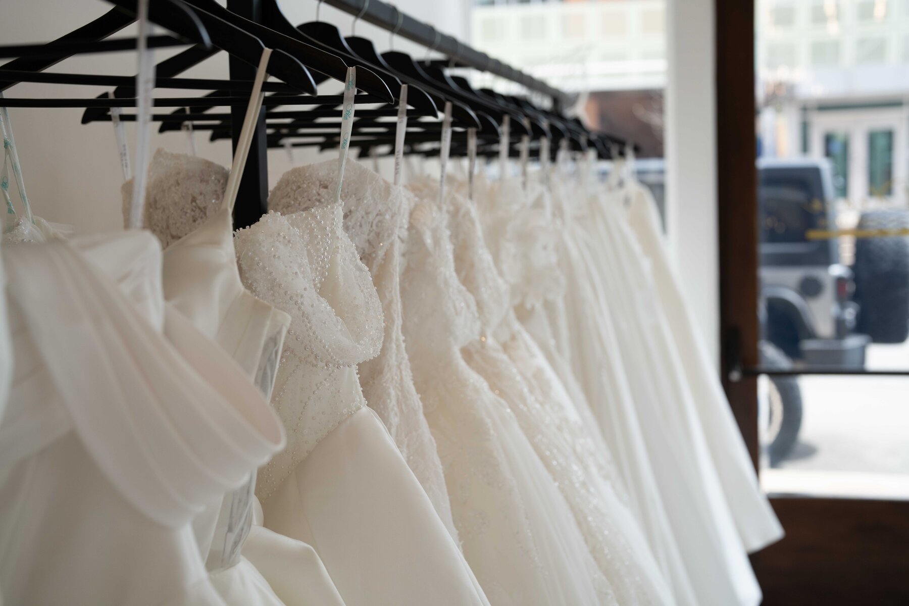 Bridal gowns on display at LaNoire Bridal boutique